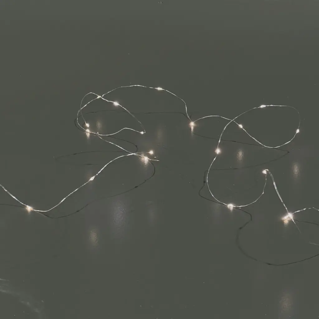 Single strand light string, 30L warm white, silver, battery, timer - 10'