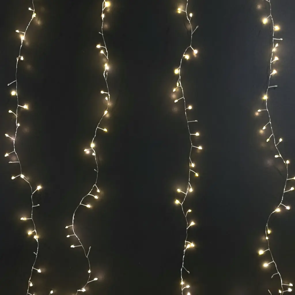 Curtain light string, 600L warm white, silver, timer, optional twinkle - 6.5x6.5'