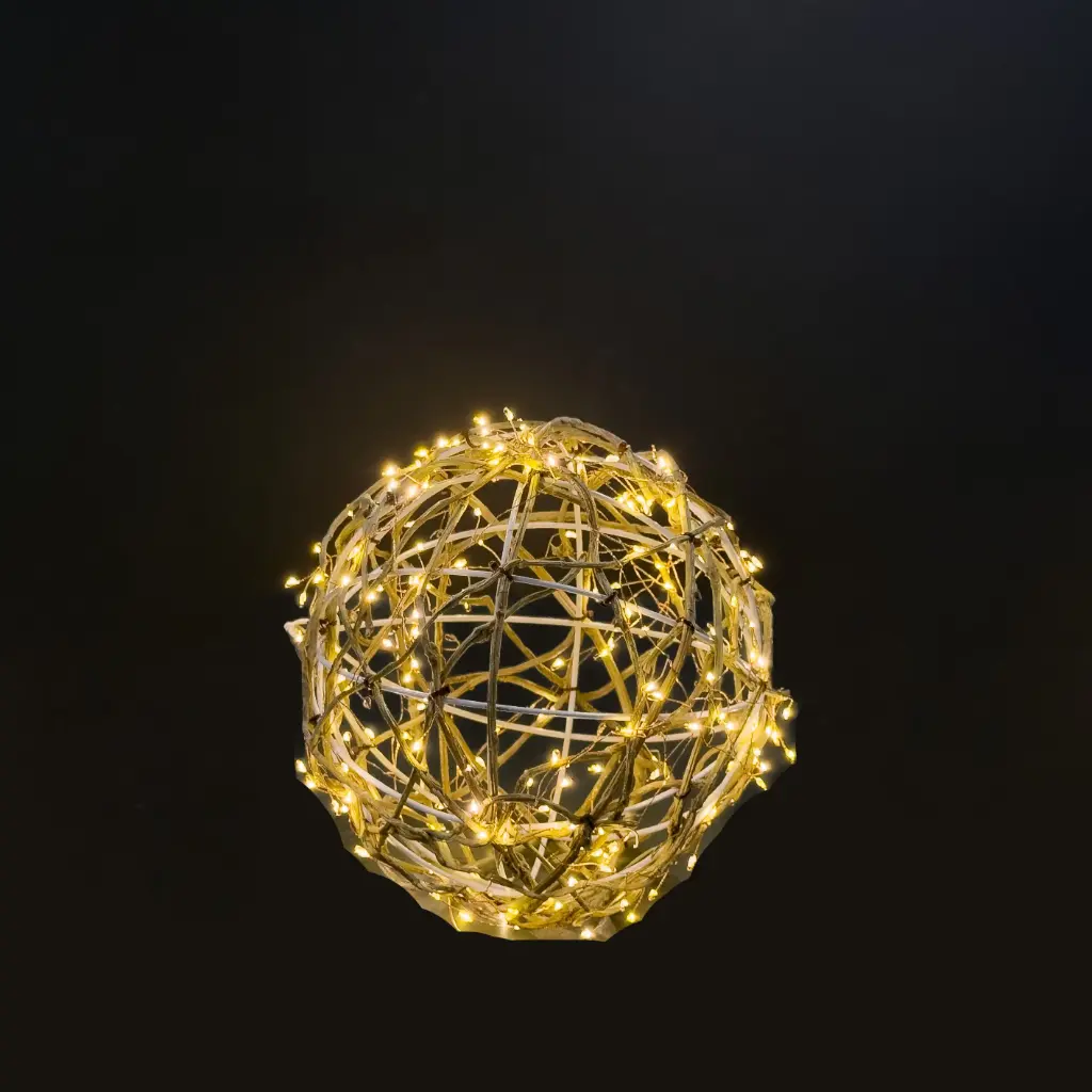 Rattan ball light, 240L warm white, natural, timer, optional twinkle - 11"