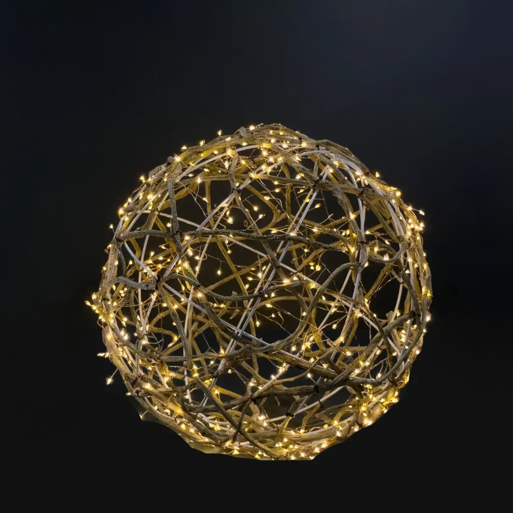 Rattan ball light, 560L warm white, natural, timer, optional twinkle - 18"