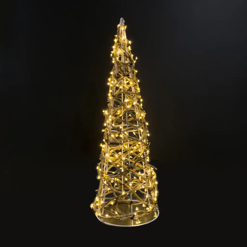 Rattan cone light, 270L warm white, natural, timer, optional twinkle - 24"