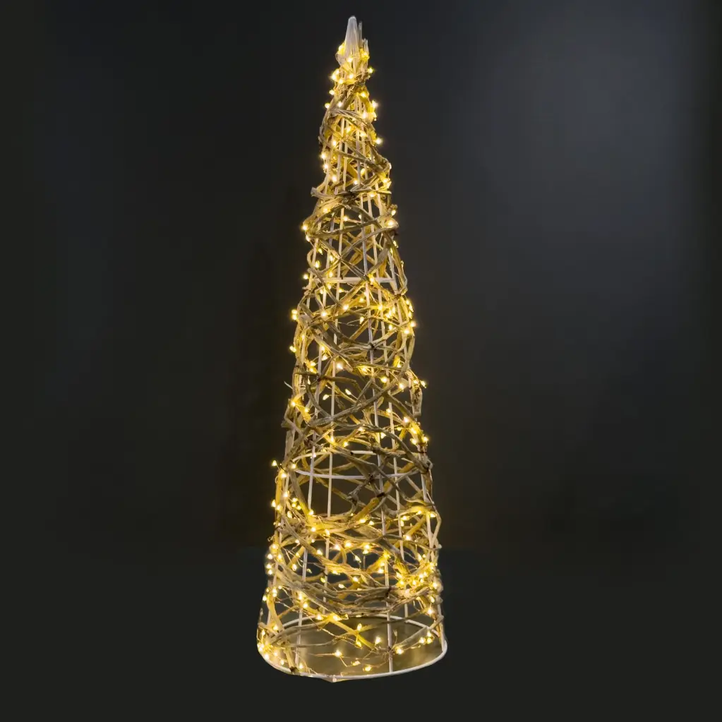 Rattan cone light, 360L warm white, natural, timer, optional twinkle - 32"