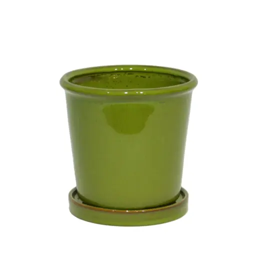 [56193] Glazed terra cotta planter with saucer green - 7x6"