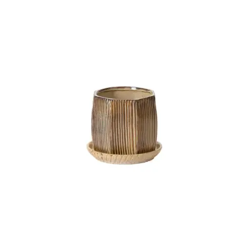[65639] Carved Pot with Saucer 6.5"x 5.75"