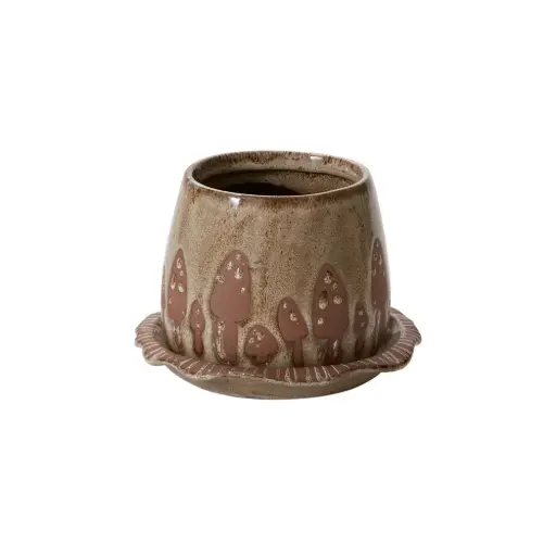[67156] Wild Mushroom Pot with Saucer 7"x 4.75"